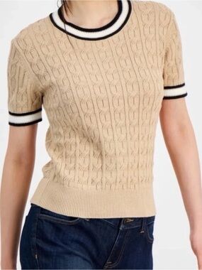 Tommy Hilfiger Cable Knit Sweater TopWomen’s Small Tan Preppy Short Sleeve